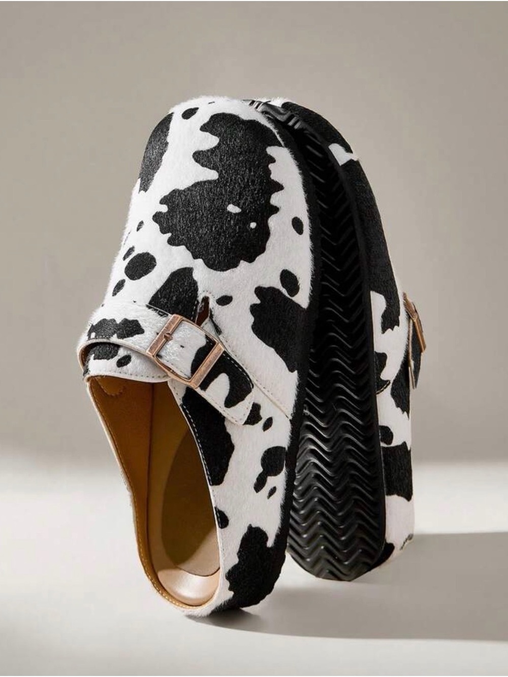 Cow-Print Women's Slip-On Clogs with Buckle